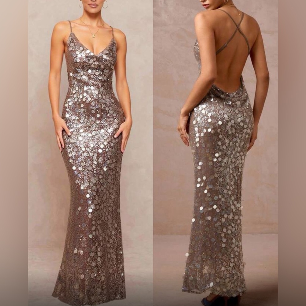 Elegant Brown and Silver Sequin Open Back  Evening Gown